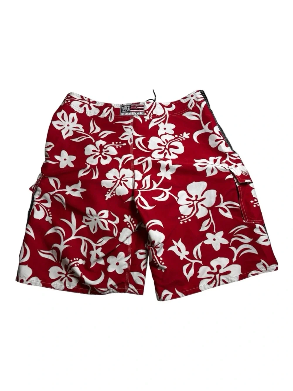MAUI BUILT Board Shorts Trunks Hawaiian Tribal Floral Red White Mens 40 x 11